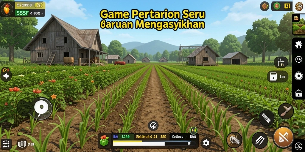 Tampilan menarik dari gameplay pertanian di 555F yang penuh warna.