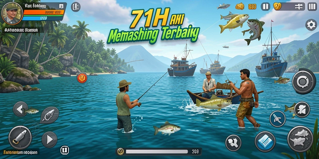 Tampilan utama gameplay dengan aksi memancing yang seru.
