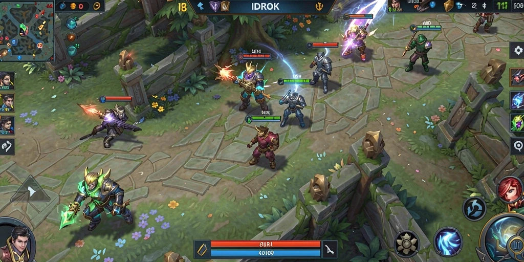Tampilan kemampuan karakter dalam pertempuran di game MOBA.
