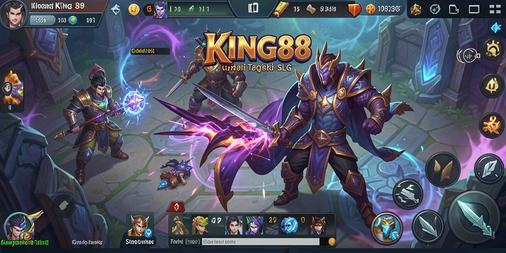 Tampilan gameplay <strong>KING88</strong> yang menampilkan pertempuran strategis dan pembangunan kota.