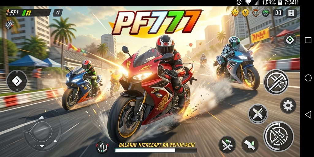 Screenshot dari gameplay PF777 yang menampilkan aksi balapan motor yang mendebarkan.