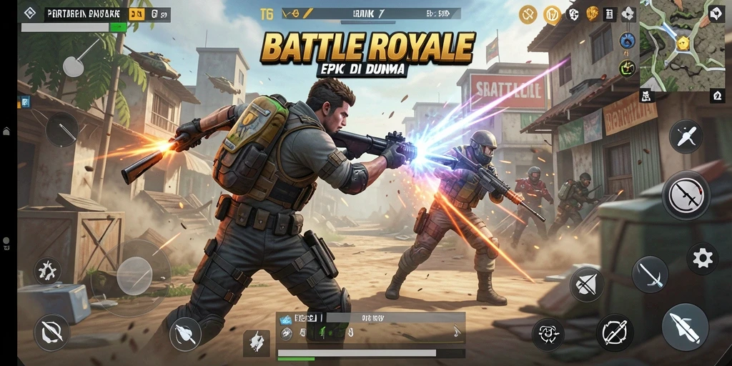 Screenshot gameplay T6 menampilkan aksi seru dalam arena Battle Royale.